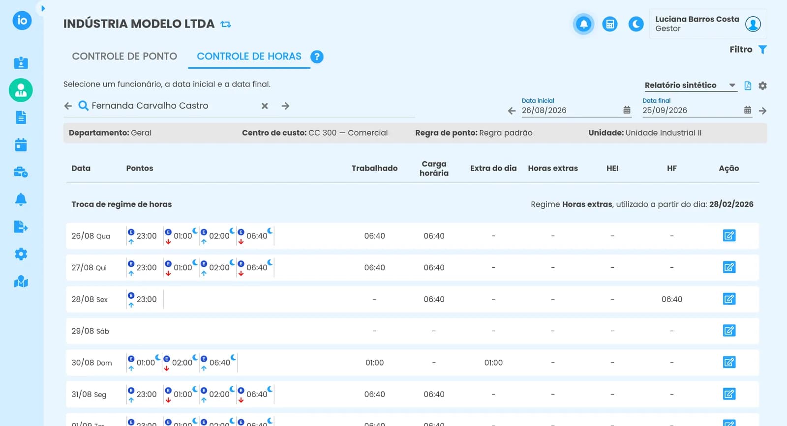 Controle de horas de um funcionário no Painel do Gestor, dia a dia, com hora extra calculada
