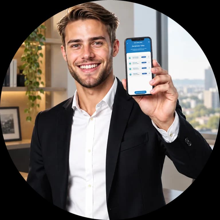 Profissional sorrindo e mostrando o aplicativo da iopoint Telecom no celular